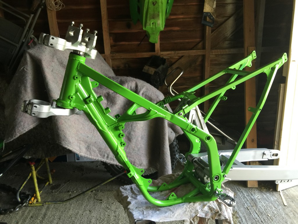 shot blasted and painted frame and swingarm with triple clamps fitted.